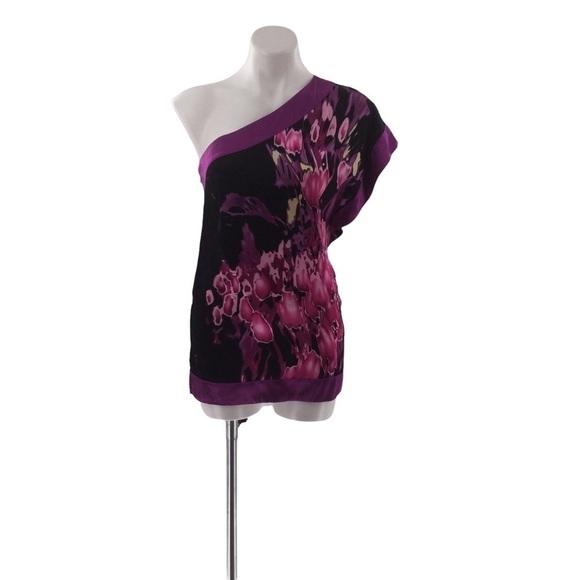 BEBE One Shoulder Silk Multicolor Blouse - Picture 2 of 14